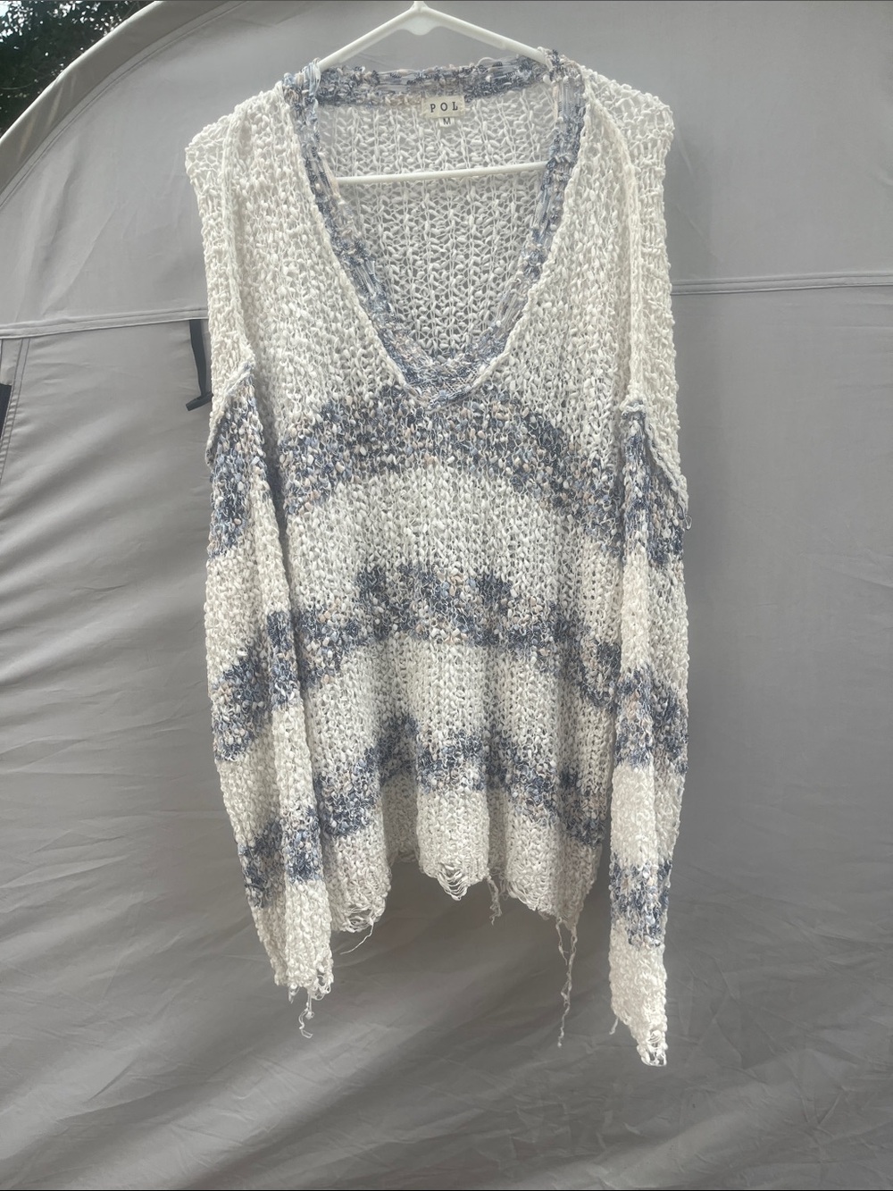 POL Lightweight Open-Knit V-Neck Sweater in White and Blue-Gray
